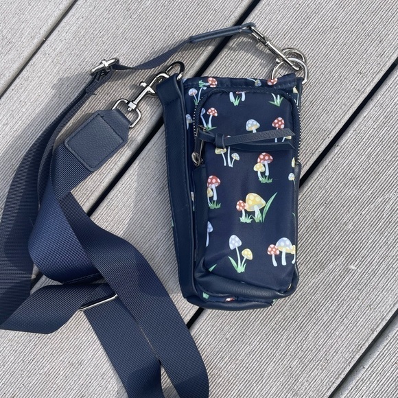 MUSHROOM Print Hands Free Water Bottle Phone Crossbody Bag case navy NOBO - Picture 2 of 3